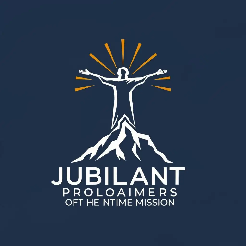 a logo design,with the text "Jubilant Proclaimers of the End Time Mission", main symbol:A person standing on a mountaintop with arms outstretched, symbolizing reaching new heights and spreading a message far and wide.,Minimalistic,be used in Religious industry,clear background