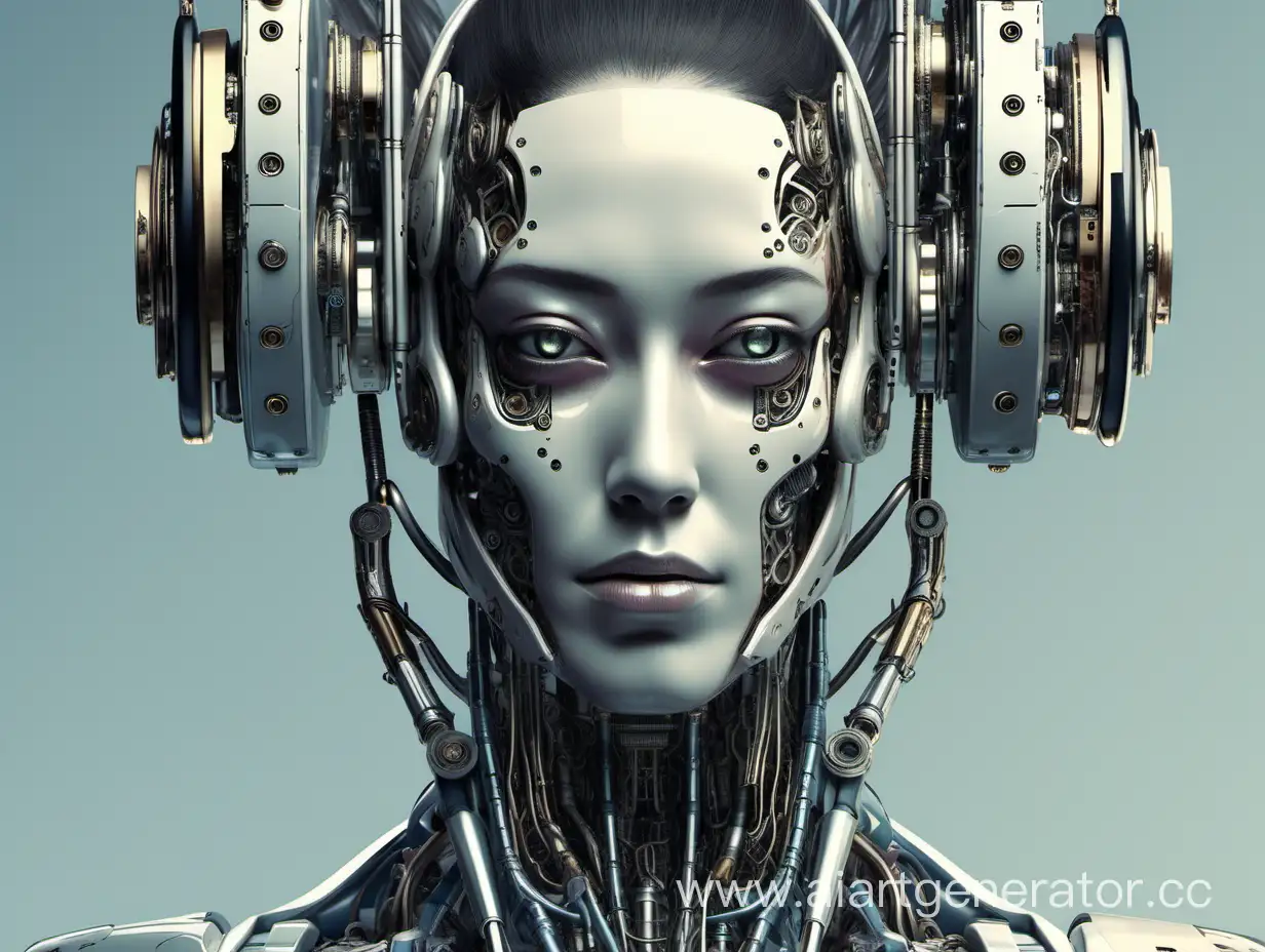 Close, face, half robot, half human, above the half with a human - music, high detail