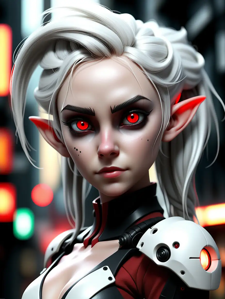 Beautiful Nordic woman, very attractive face, detailed eyes, elf ears, slim body, dark eye shadow, long messy white hair in an updo, wearing a black and red mech sci-fi cyber suit, close up, bokeh background, soft light on face, rim lighting, facing away from camera, looking back over her shoulder, standing outside of a dystopian abandoned city, photorealistic, very high detail, extra wide photo, full body photo, aerial photo