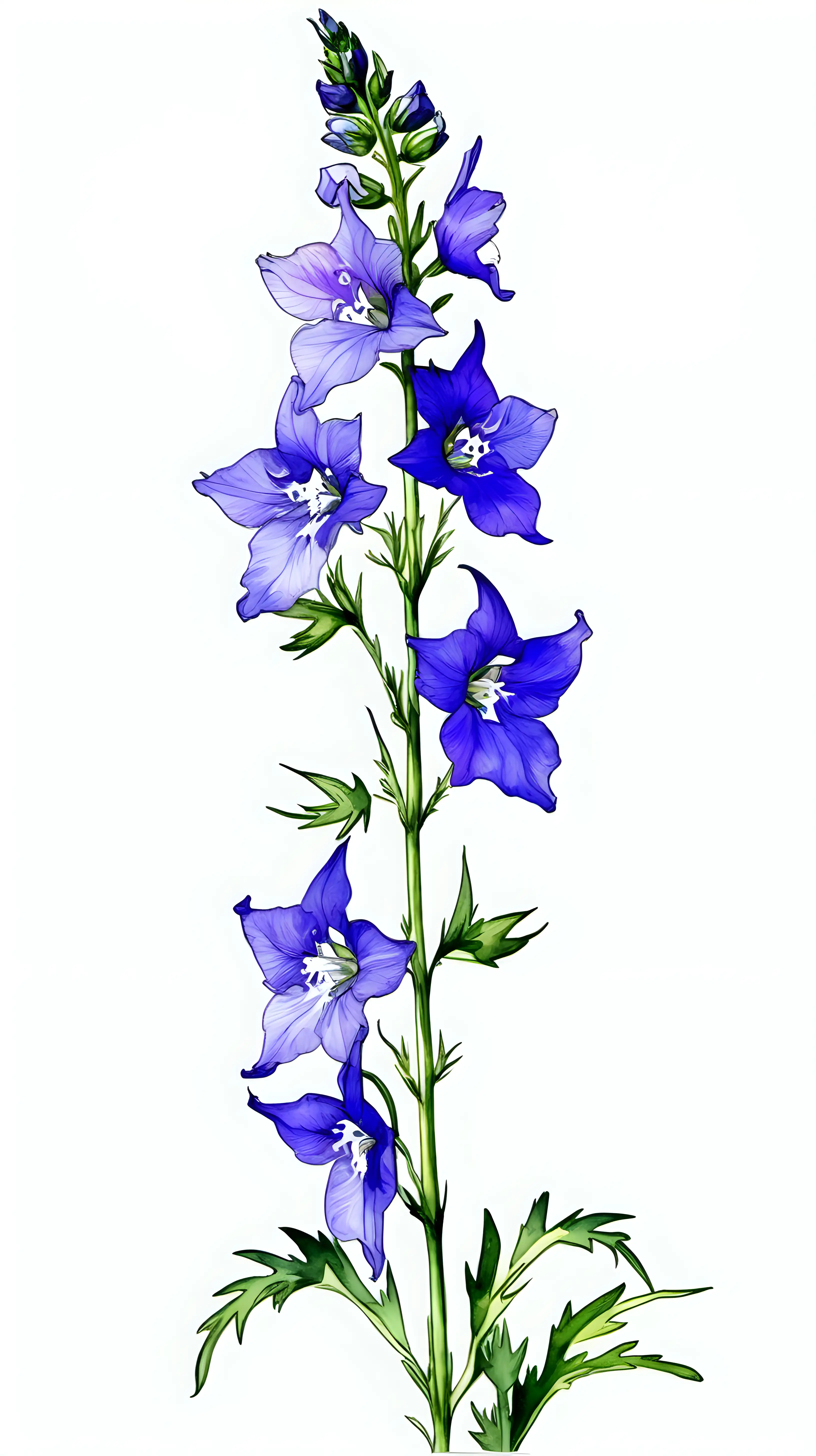 Larkspur flower with long stem in white background in watercolor pseudo style, leaning to the left