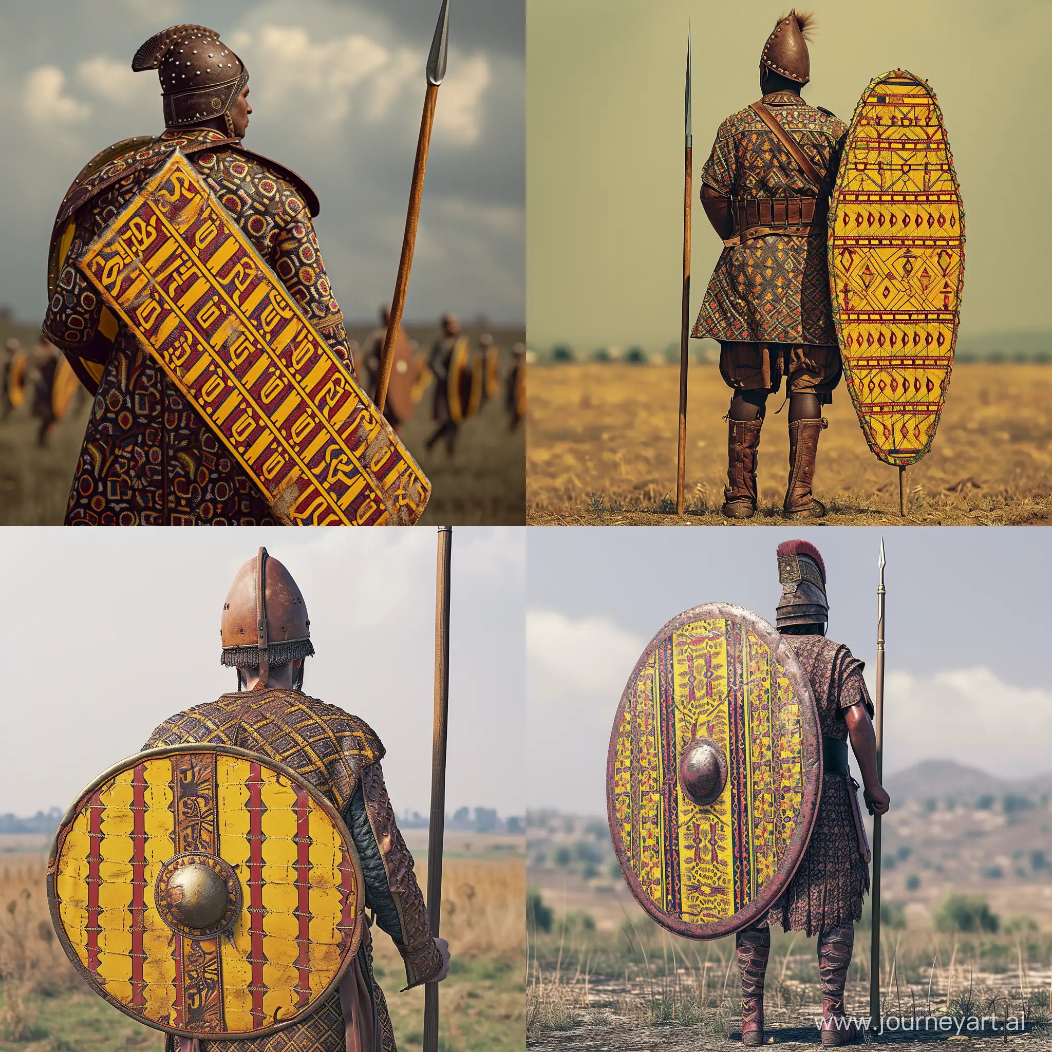 Achaemenid Sparabara soldier at battle field. Wearing patterned leather tunic and leather hat. Equipping big yellow-red patterned rectangle shield and a long spear. Realistic image.