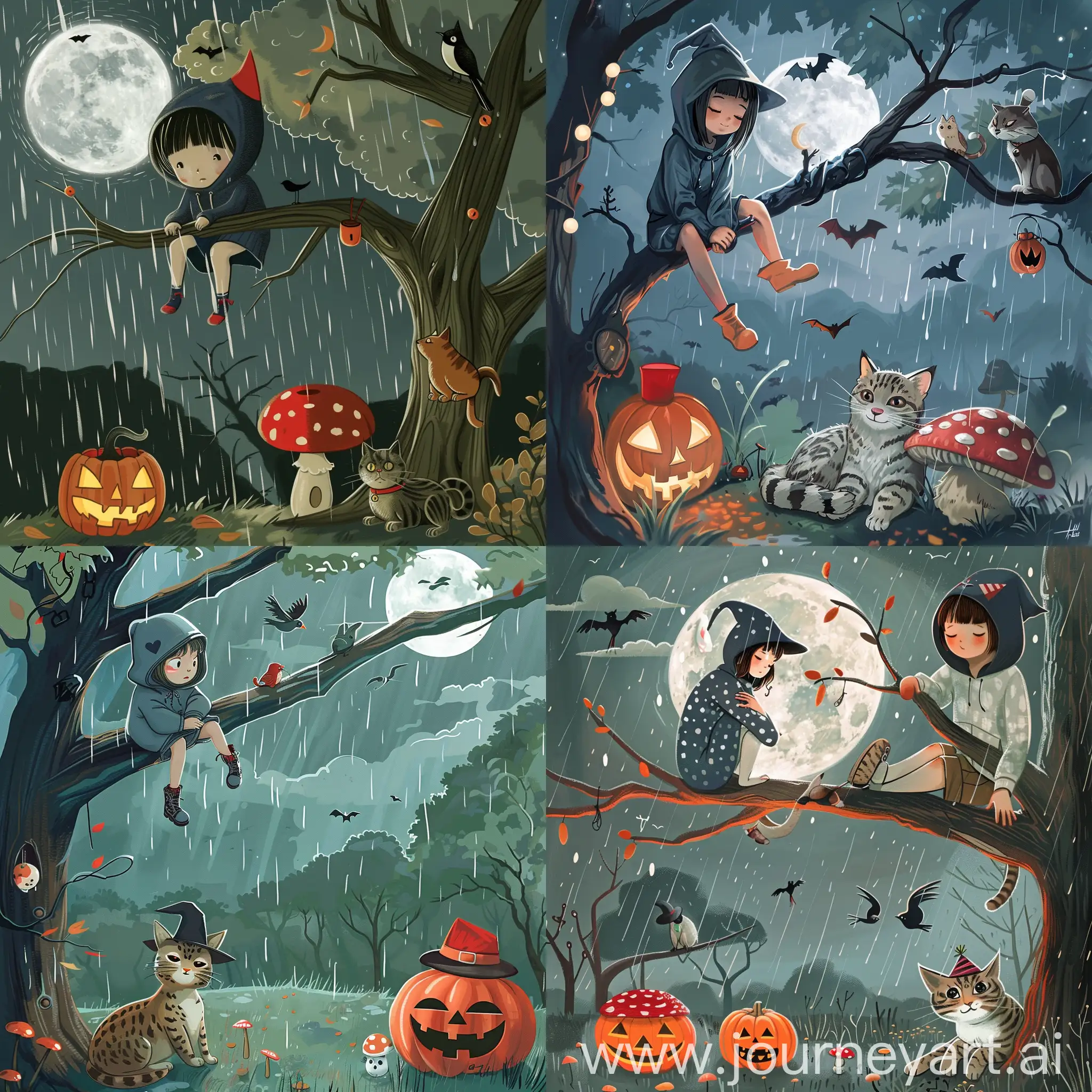 Studio Ghibli style moonlit woodland scene with young girl wearing hoodie and witches hat sitting high on a branch in a tree with a wildcat sitting next to her. It is raining, the moon is full and there are birds overhead, on the ground is a jack o lantern and a cartoon mushroom with a red top and white spots