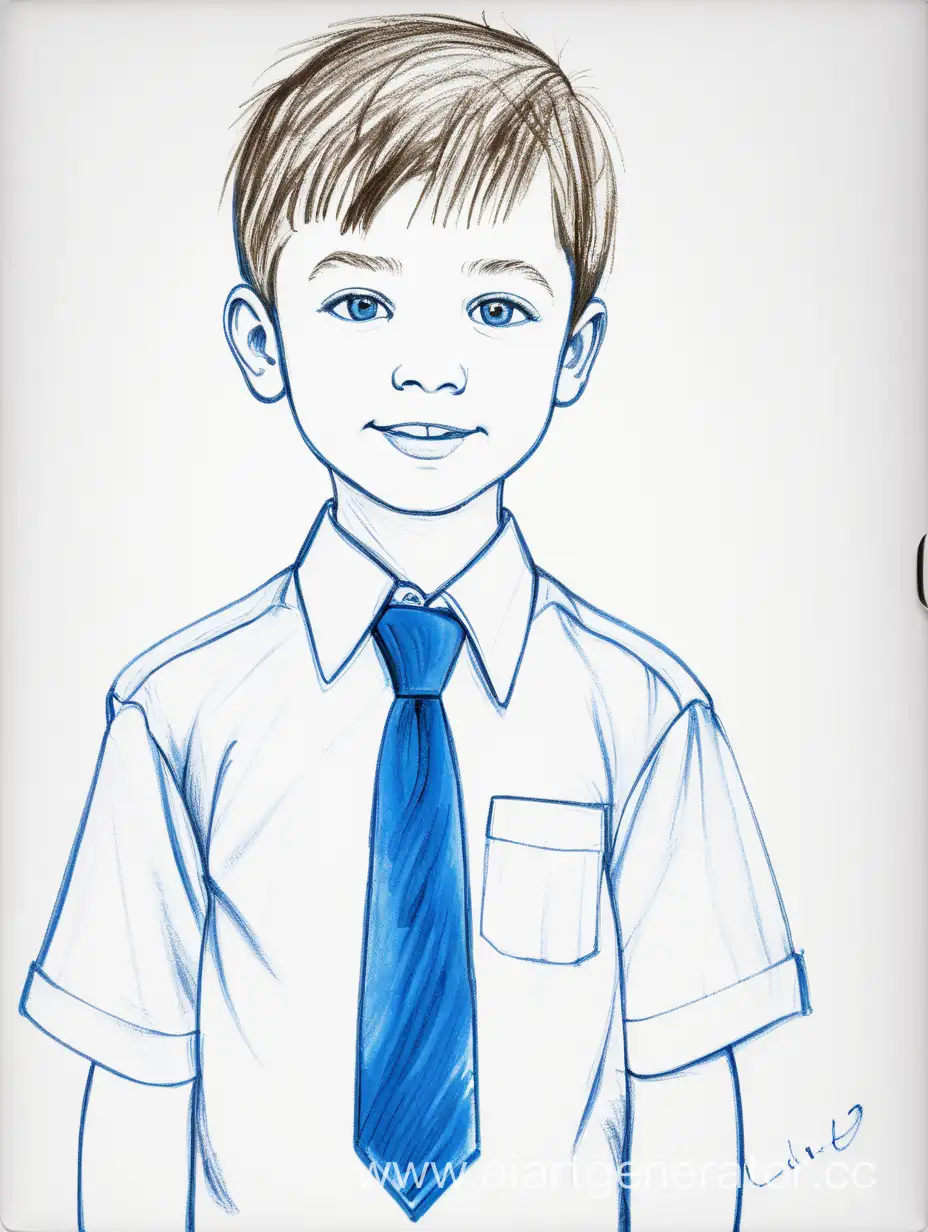 Детский рисунок молодого парня в белой рубашке и синем галстуке, нарисован на компьютере с помощью кисти