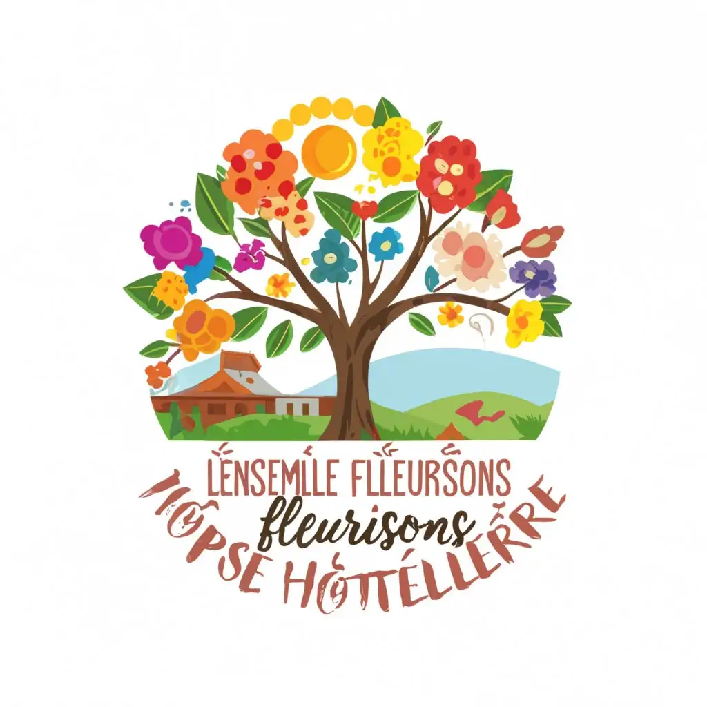 a logo design,with the text "Together, let's blossom our hospitality", main symbol: a tree full of flowers with a sun and a landscape, complex, clear background