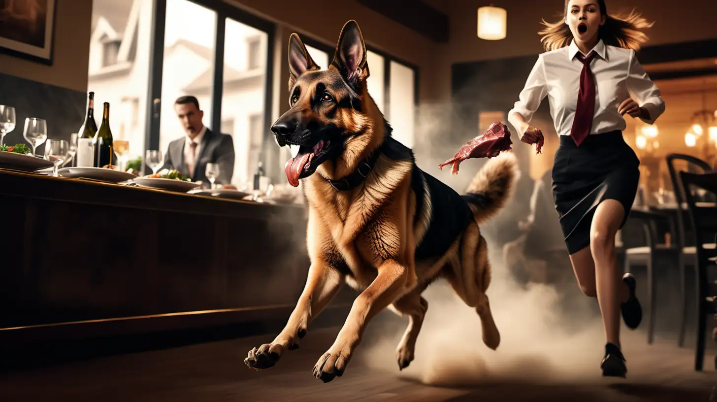 Create a poster of a German Shepherd dog in a fancy restaurant running, a dog with a piece of fresh meat in its mouth and a beautiful young girl in a salesman's uniform running after it --Drone photography --Cinematic haze --powerful action shot/action motion shot, --dynamic movement --intense emotion"



