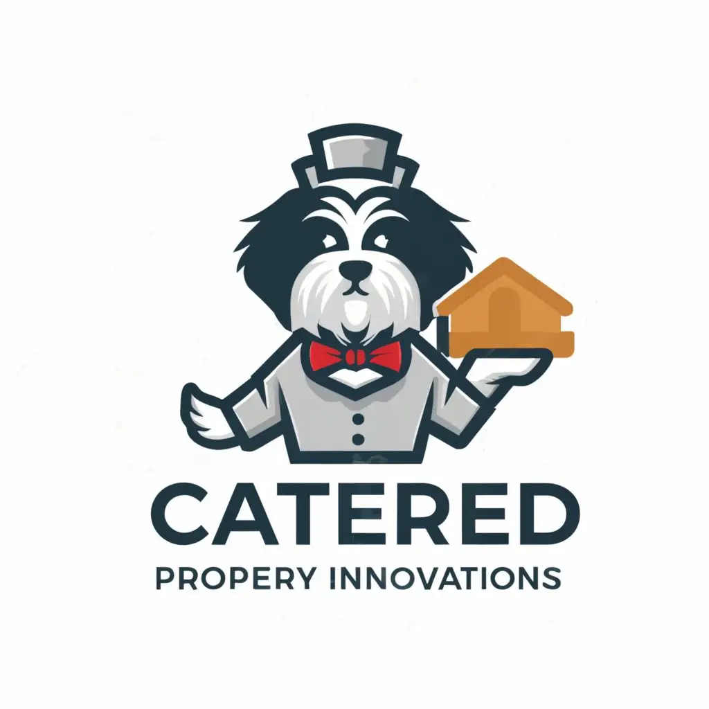 a logo design, with the text 'CATERED PROPERTY INNOVATIONS', main symbol: black and white shi tzu dog in a suit as a waiter holding a HOME Moderate, to be used in Real Estate industry, clear background