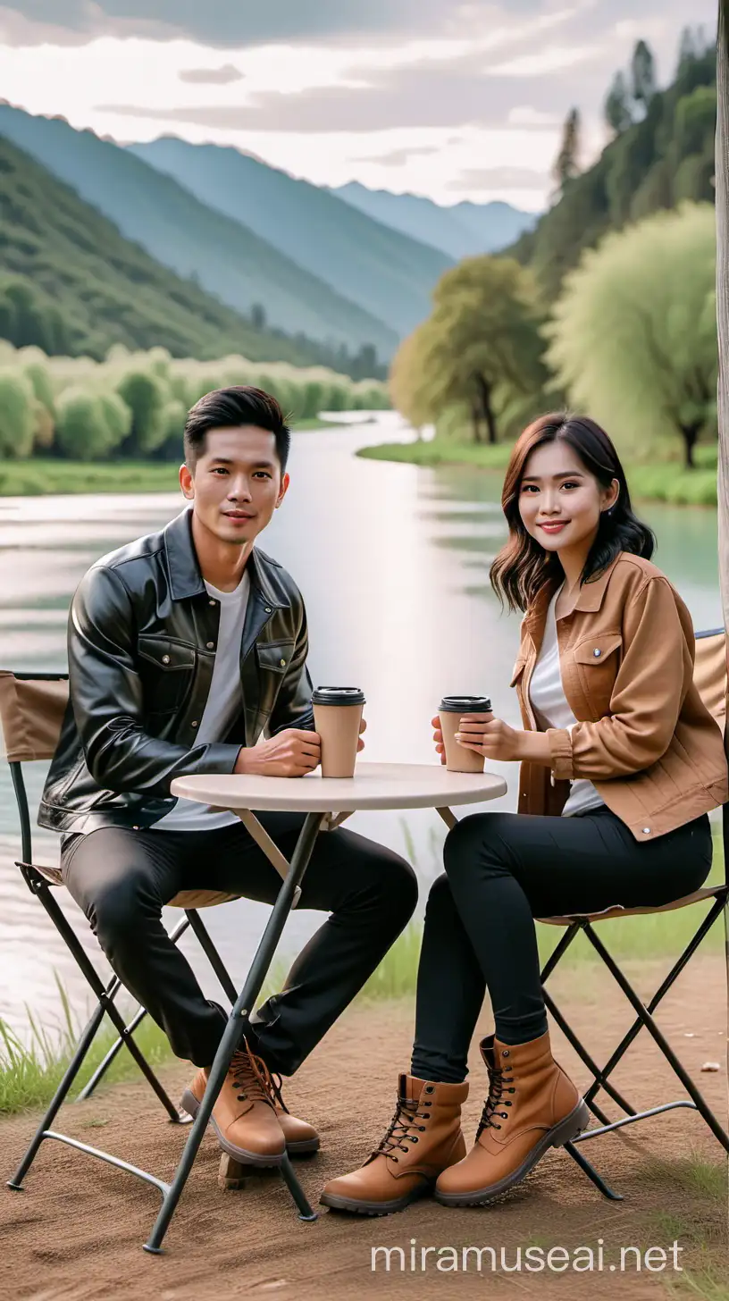 Stylish Indonesian Couple Enjoying Coffee by American River