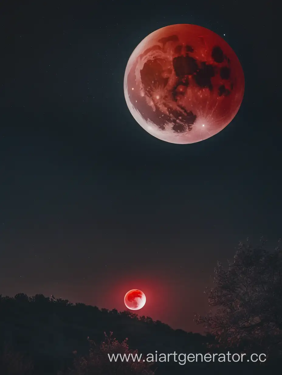 Ночное небо с красной луной 