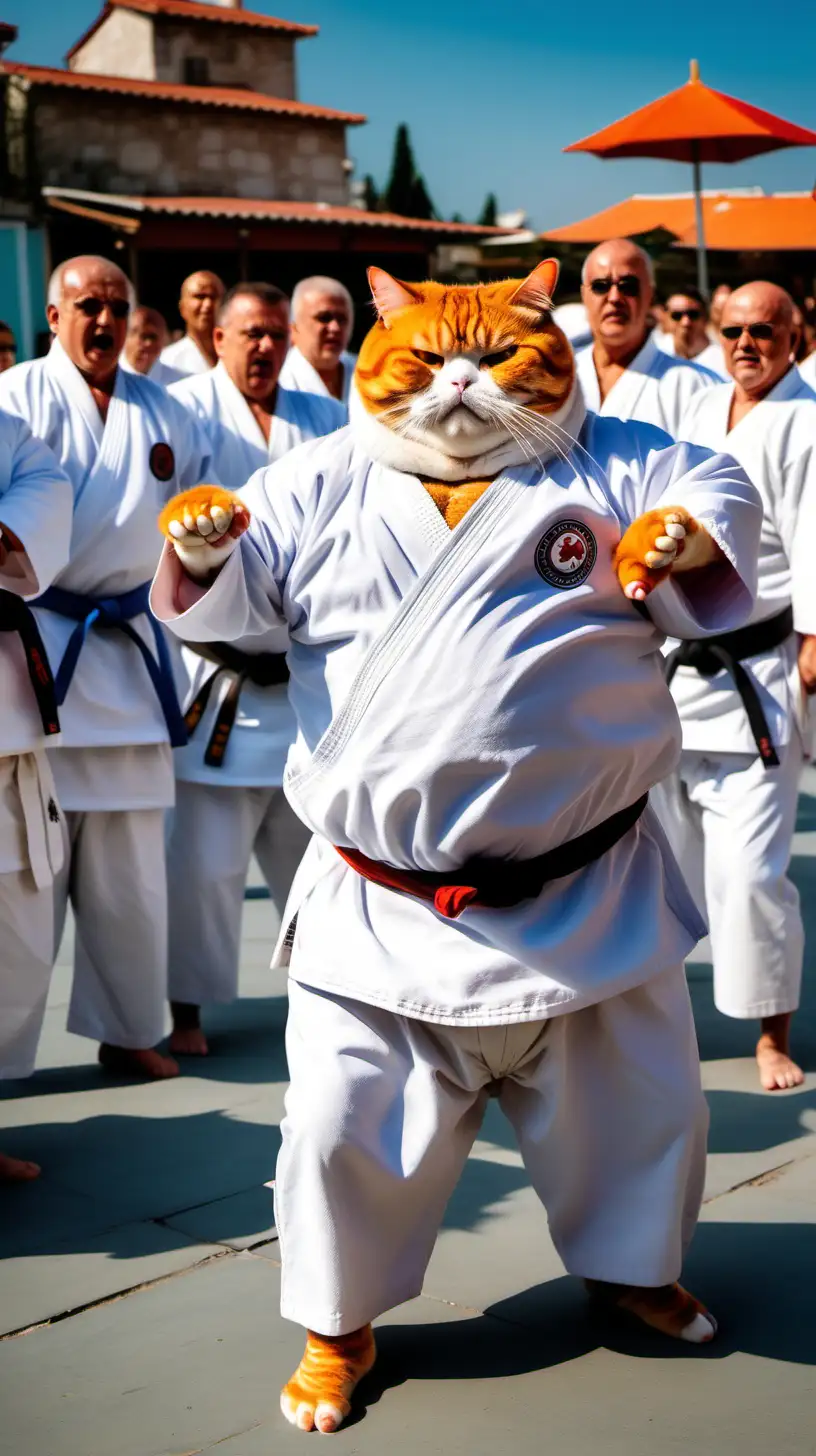 Fat Orange Cat Practicing Karate Surrounded by Laughing Crowd in Turkey