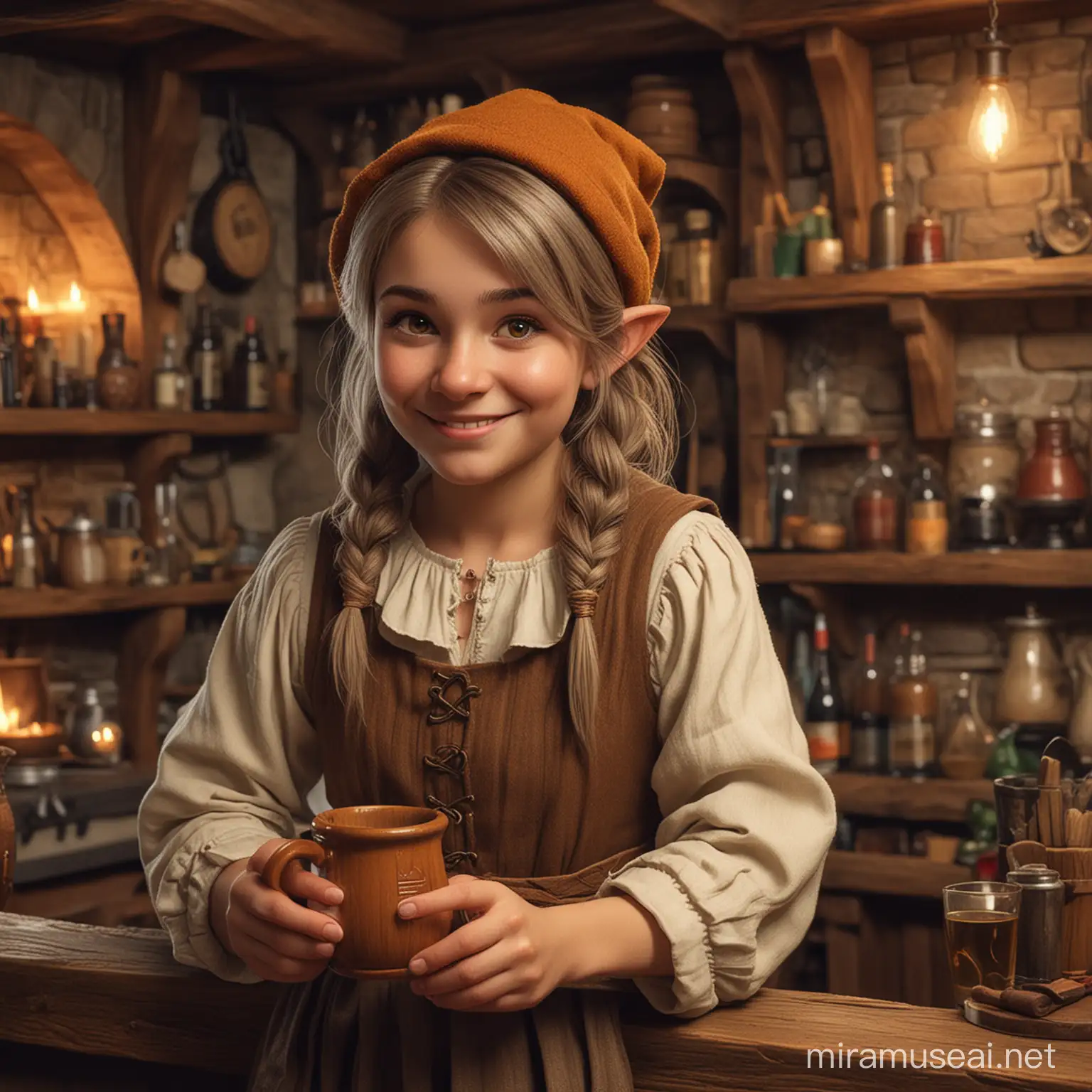 Subject: The central character is a Halfling gnome innkeeper. He is characterized by his distinctive large round ears, warm smile, and golden brown eyes. His welcoming demeanor sets the tone for the image, creating a sense of hospitality and friendliness.
Setting: The scene takes place in an inn, suggesting a cozy and inviting atmosphere. The inn's interior may include rustic furnishings, wooden elements, and warm lighting to enhance the ambiance.
Background: The background could feature other patrons enjoying themselves, adding a social and lively aspect to the image. Additionally, subtle details like shelves with various ale mugs or a fireplace may contribute to the overall charm of the setting.
Style/Coloring: The artistic style leans towards fantasy, capturing the magical essence of a gnome character. Warm and earthy tones dominate the color palette, emphasizing the welcoming nature of the inn.
Action: The Halfling gnome innkeeper is depicted offering a wooden mug of ale, showcasing her role in providing hospitality and serving guests.
Items: Key items include the wooden mug of ale, possibly with frothy bubbles, and the brown worn coat on the innkeeper, adding a touch of color to the composition.
Costume/Appearance: The innkeeper's attire consists of a brown cloths, contributing to the fantasy theme. Attention is drawn to her round ears, warm smile, and golden brown eyes, highlighting her amiable character.
Accessories: The wooden mug of ale serves as both a prop and an accessory, emphasizing the innkeeper's role and enhancing the overall visual narrative.