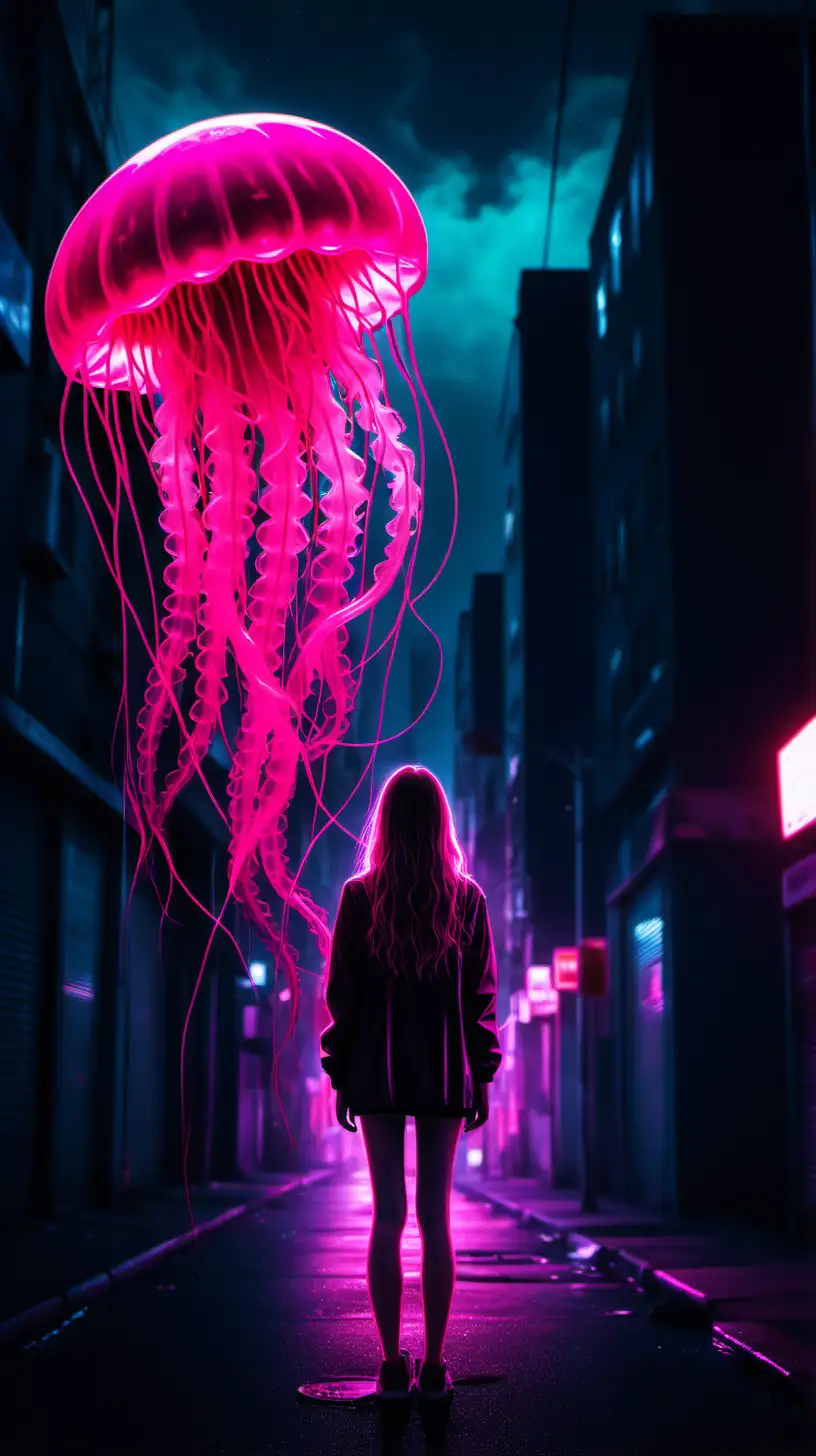 Lonely Night in Neon Pink City with Empty Soul and Jellyfish Girl