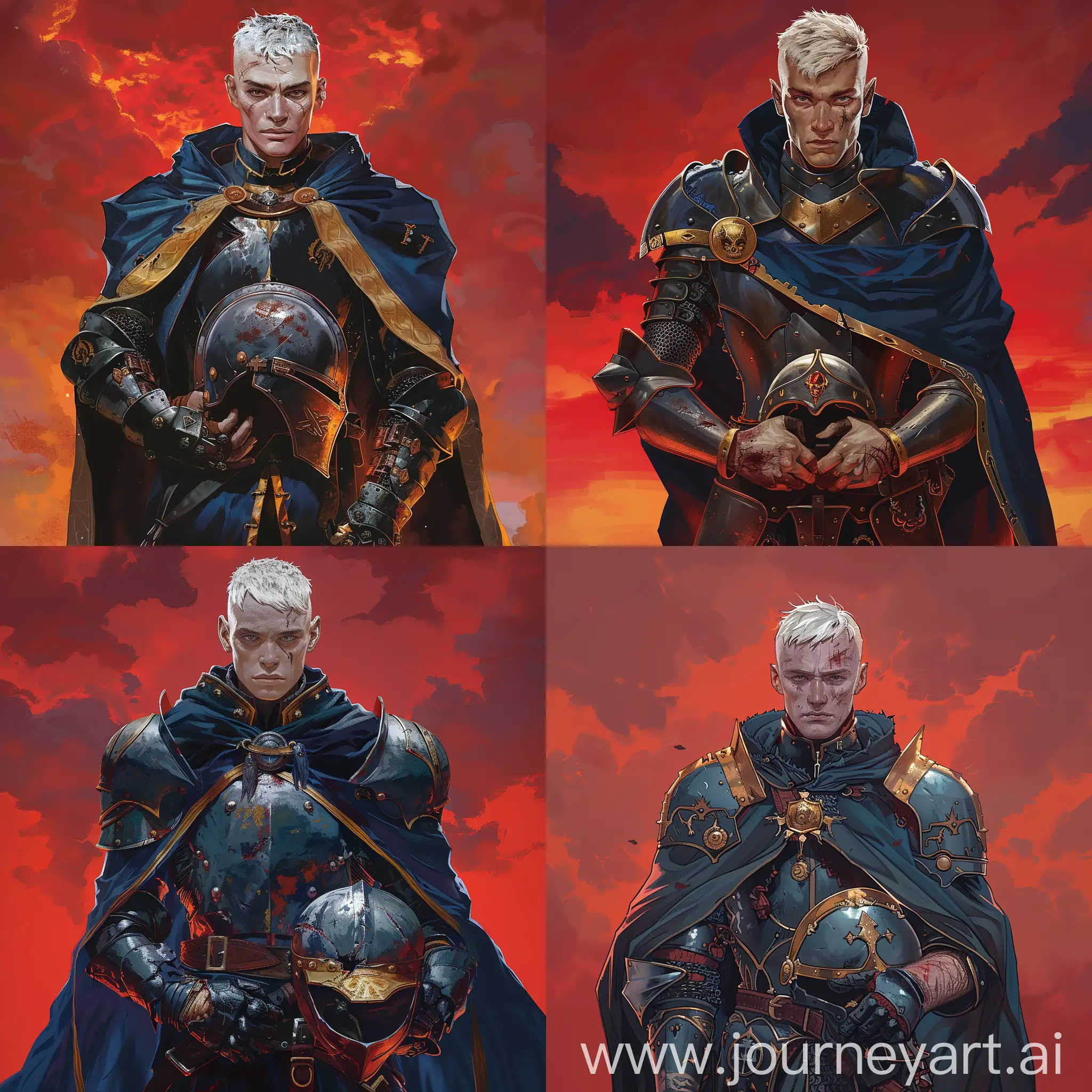 He is male human paladin, with short white hair bowl haircut, tall, wearing knight's armor with a dark blue cloak with gold trim, he has a helmet in his hands, he has pale skin and scars on his face. Red sky background