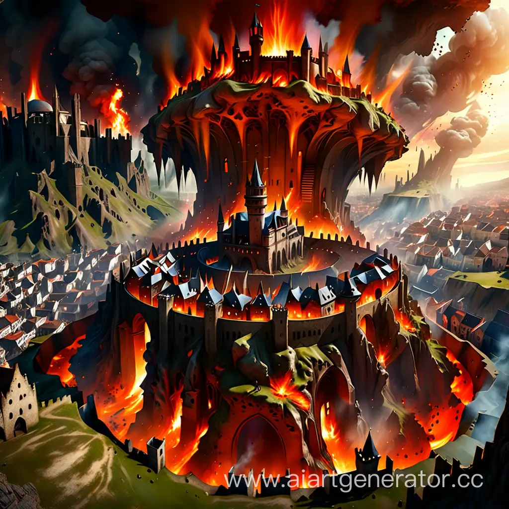 Medieval city in a crater with a tower in the center under a fiery magical  dome