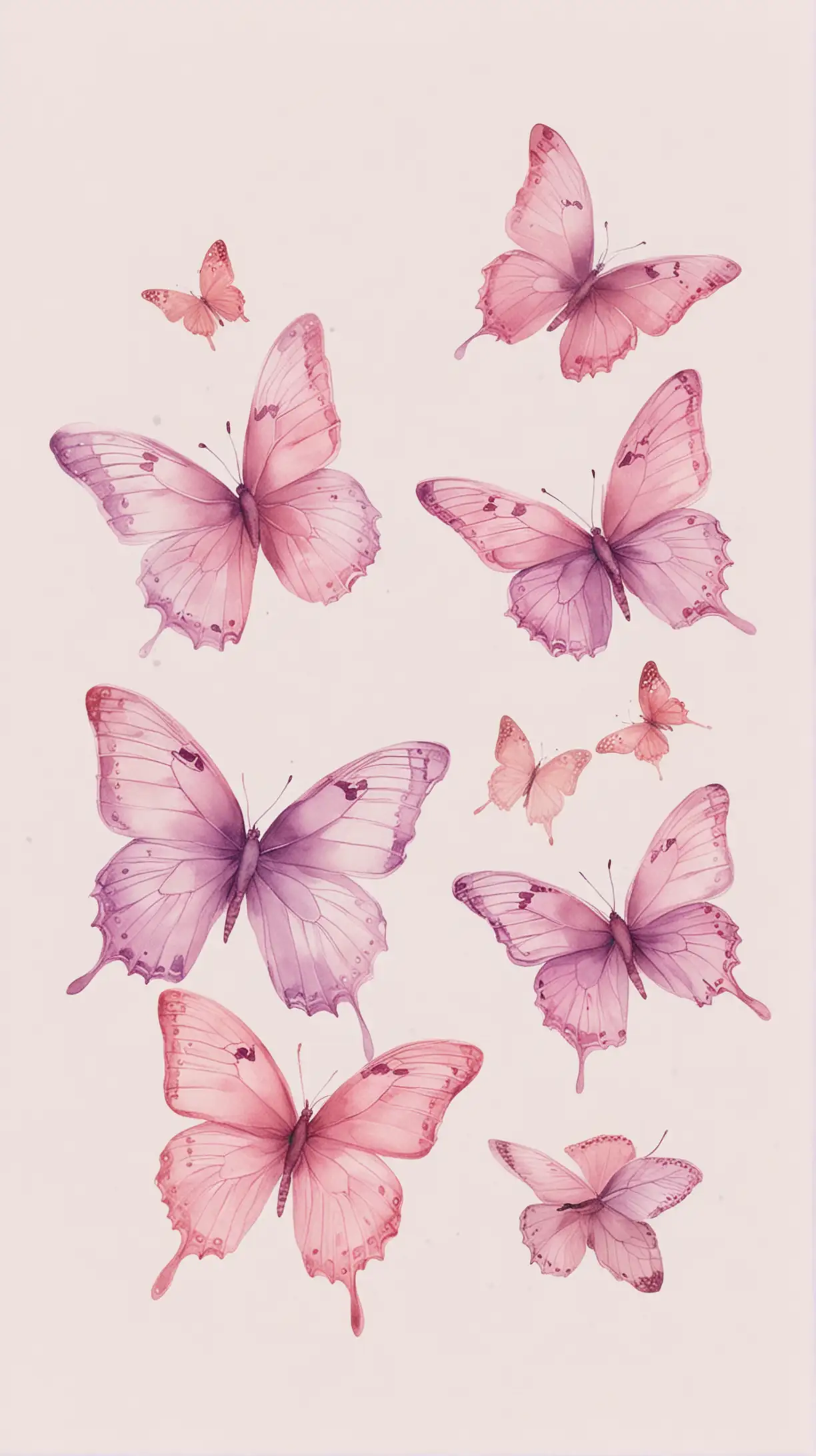 Flying butterflies in soft pastel pink and very light lilac isolated on a solid white background, watercolour style