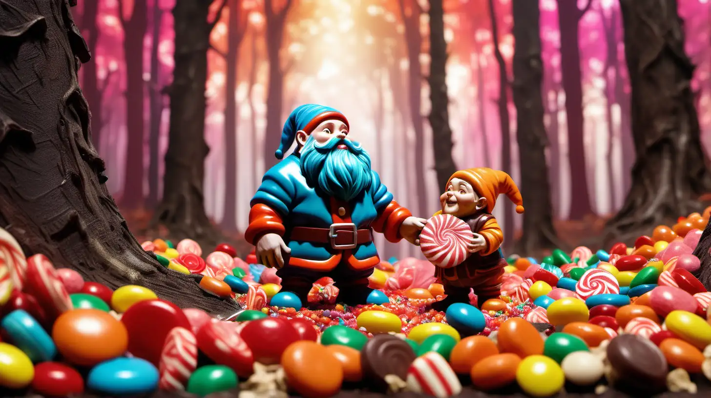 A dwarf and a giant in a colorful forest, made of candy give each other a gift
