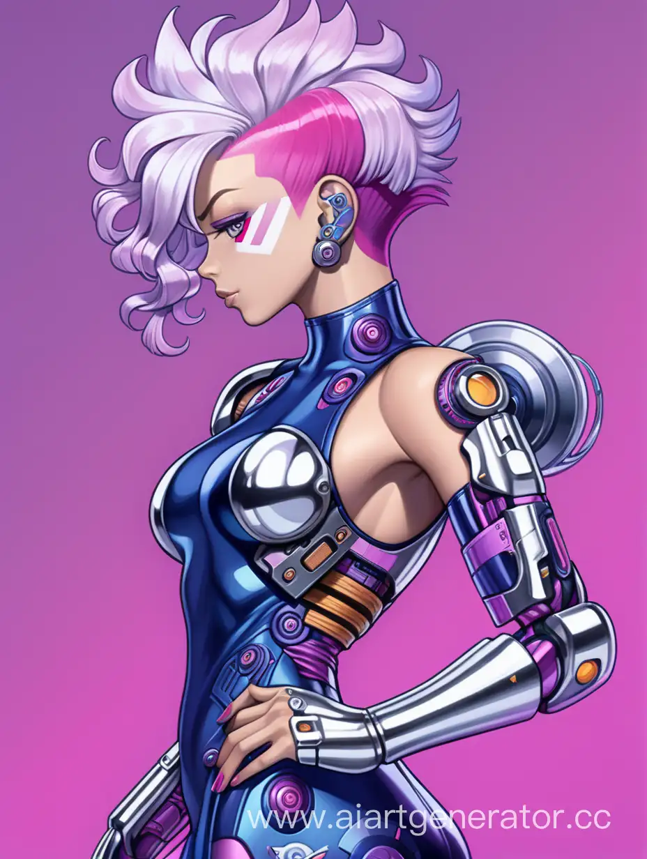 Cyborg, curvy body, chrome silver skin, short pink hair with curls mohawk, cassette futurism long dark blue and purple dress, female character 