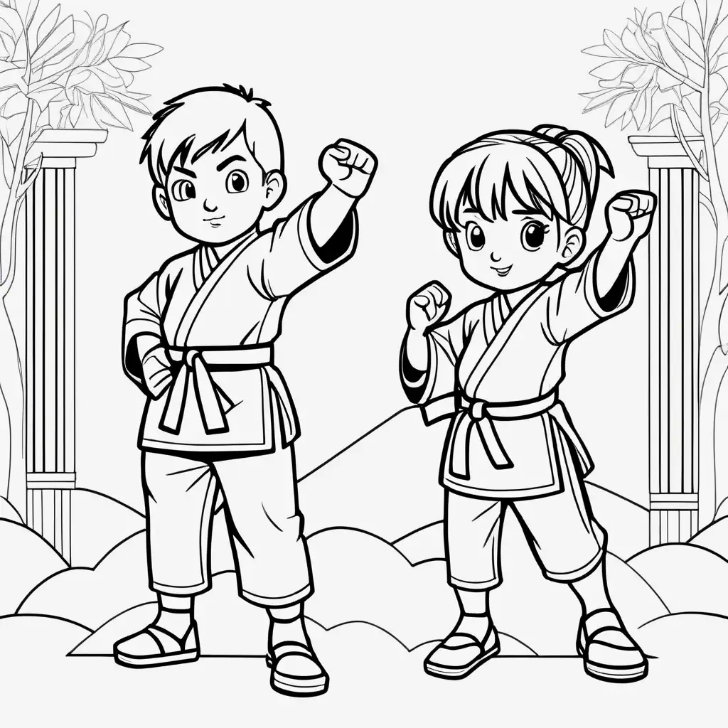 Black and white line art, karate boy and girl in uniform, clean Coloring book page, no fill, no solids