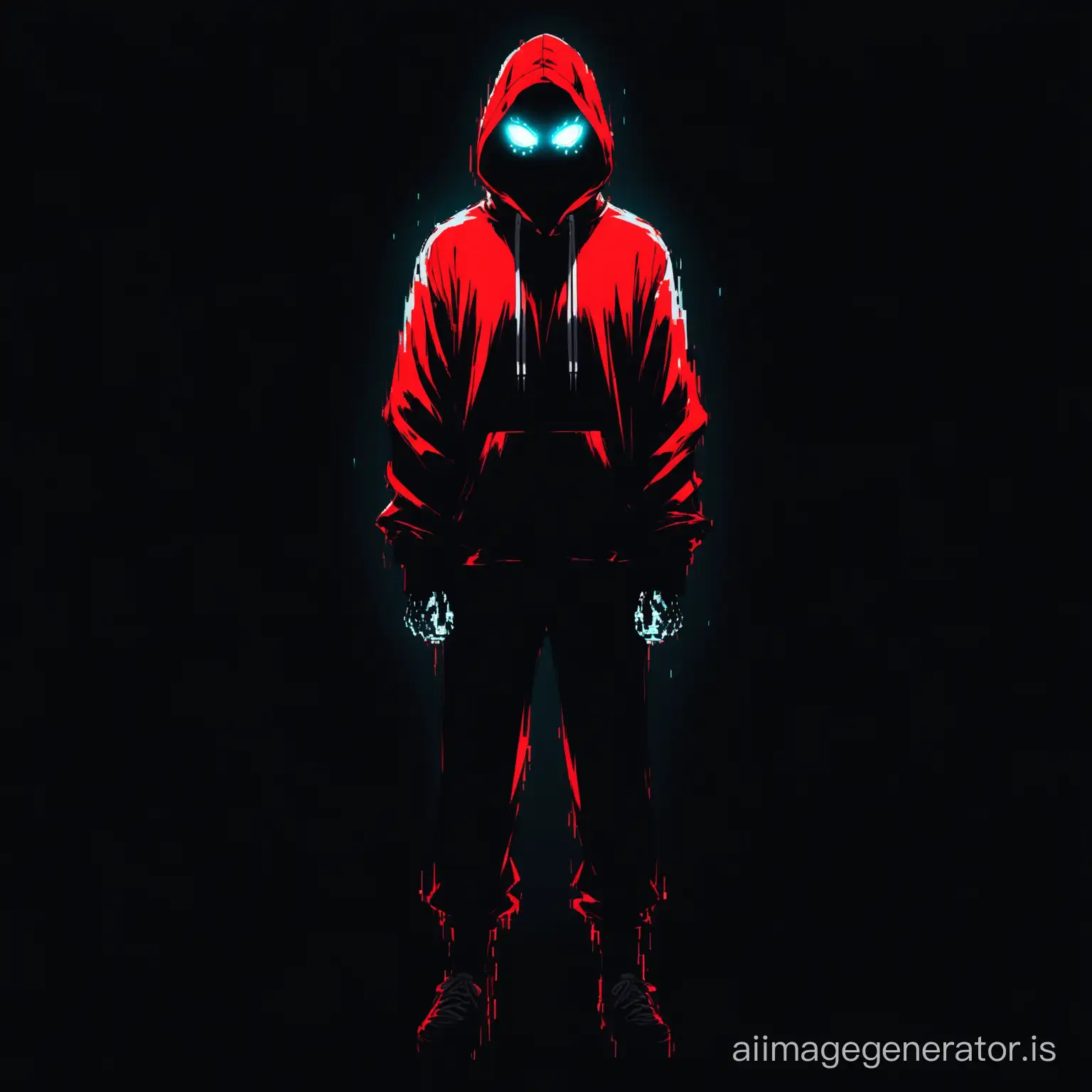 dude in a red hoodie with pitch black void face and glowing white eyes, not red glitching with no mask just blackness full body