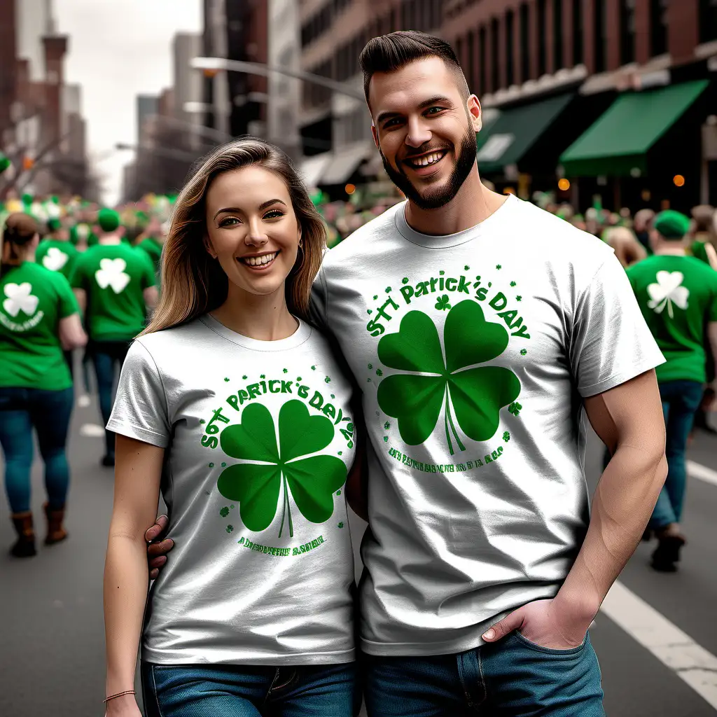 A tshirt mockup featuring a couple at a st patricks day parade.  