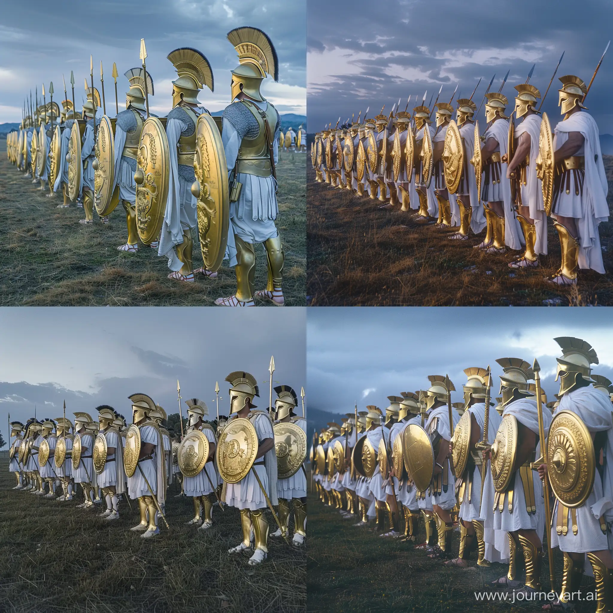 Soldiers line up in Testudo formation,  open field at dusk, white and gold armor, gold swords, golden shields, and Spartan helmets.