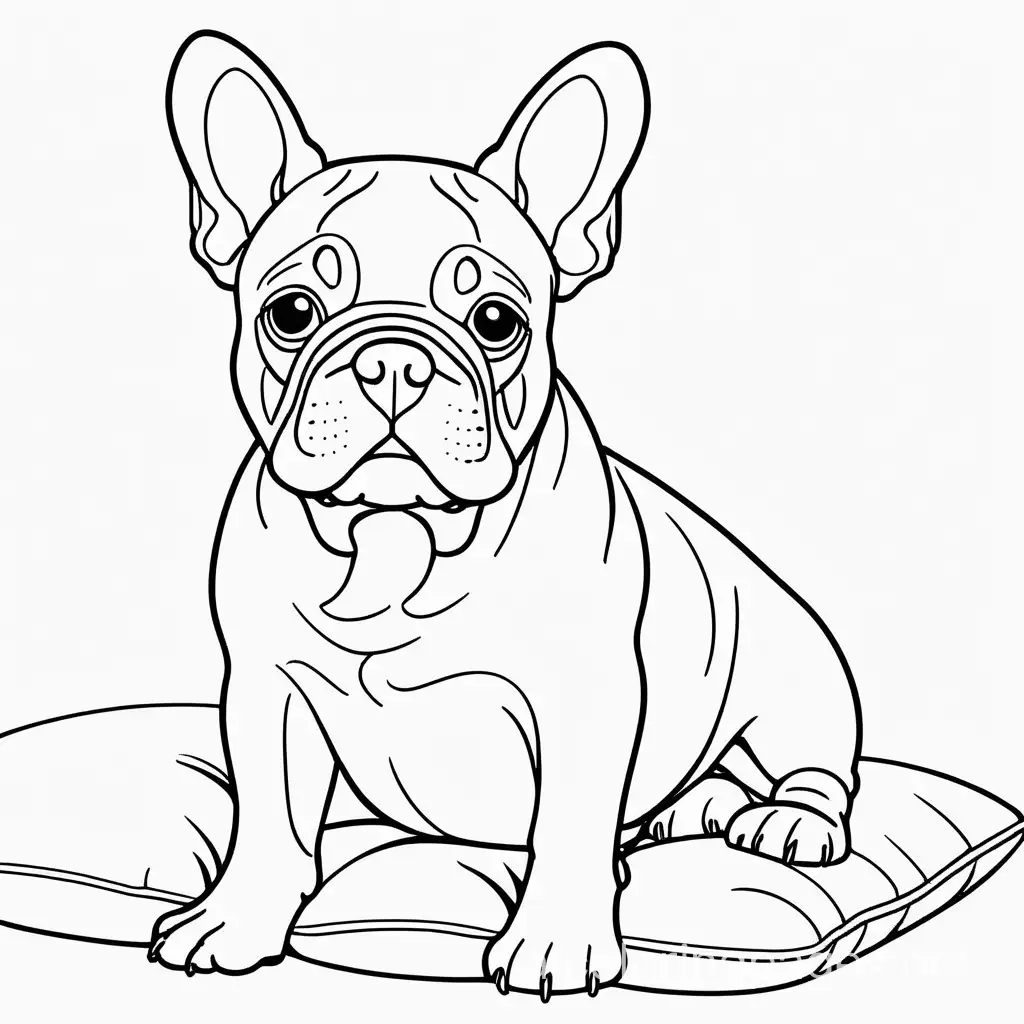 French bulldog on a pillow., Coloring Page, black and white, line art, white background, Simplicity, Ample White Space. The background of the coloring page is plain white to make it easy for young children to color within the lines. The outlines of all the subjects are easy to distinguish, making it simple for kids to color without too much difficulty, Coloring Page, black and white, line art, white background, Simplicity, Ample White Space. The background of the coloring page is plain white to make it easy for young children to color within the lines. The outlines of all the subjects are easy to distinguish, making it simple for kids to color without too much difficulty
