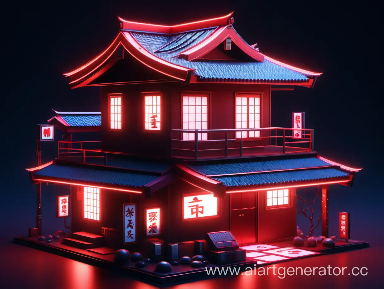 3Д японский домик красный мультик киберпанк с светящимся вывесками