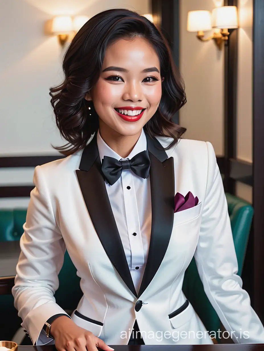 Beautiful dark skinned thai woman with shoudler length hair and lipstick wearing a tuxedo with a white  jacket.  Her shirt is white with double french cuffs and a wing collar.  Her bowtie is black.  Her cummerbund is black.  Her cufflinks are black.  She is smiling and laughing. Her jacket is open.  She is sitting at a table.