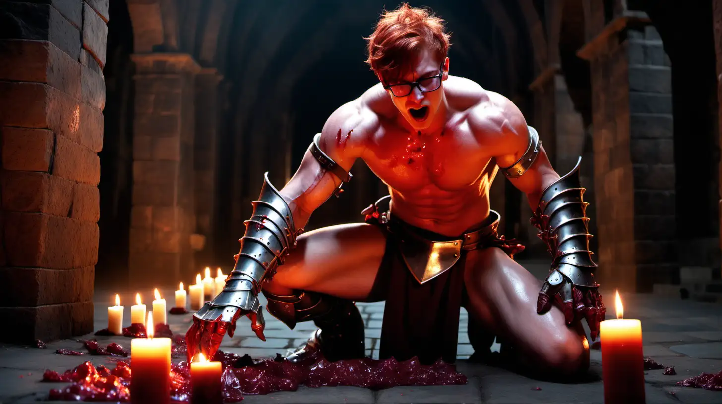 Brave Redheaded Knight Battling in a Dungeon with Ruby Gauntlets