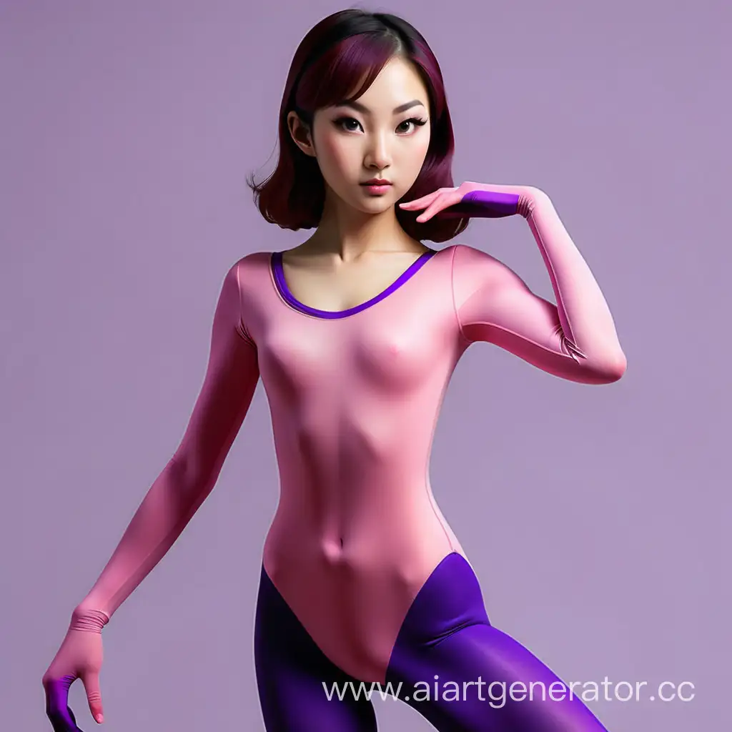 Asian women in pink long sleeved spandex purple leotard and purple tights