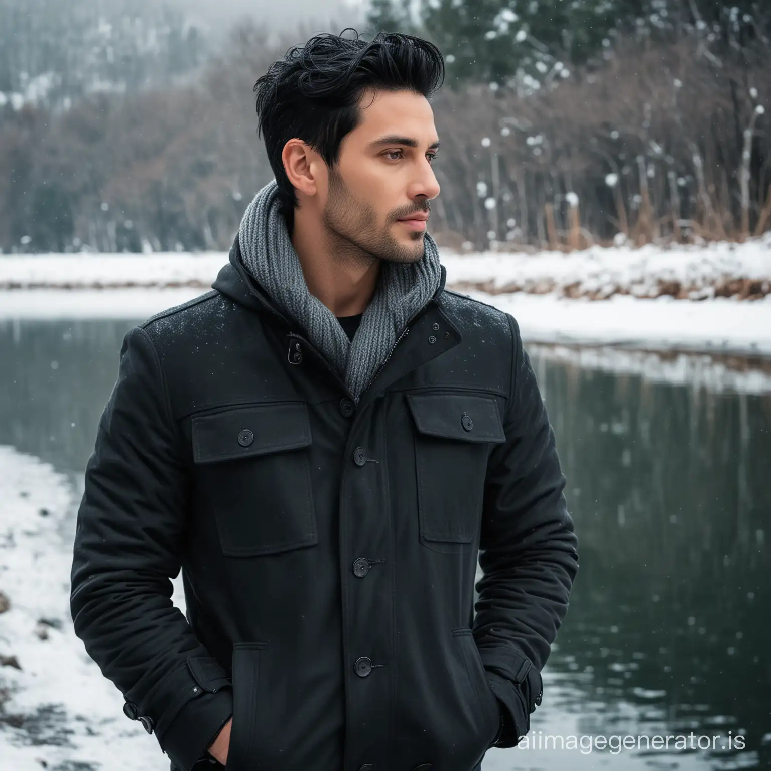 A stylish man with black hair in winter in the lake