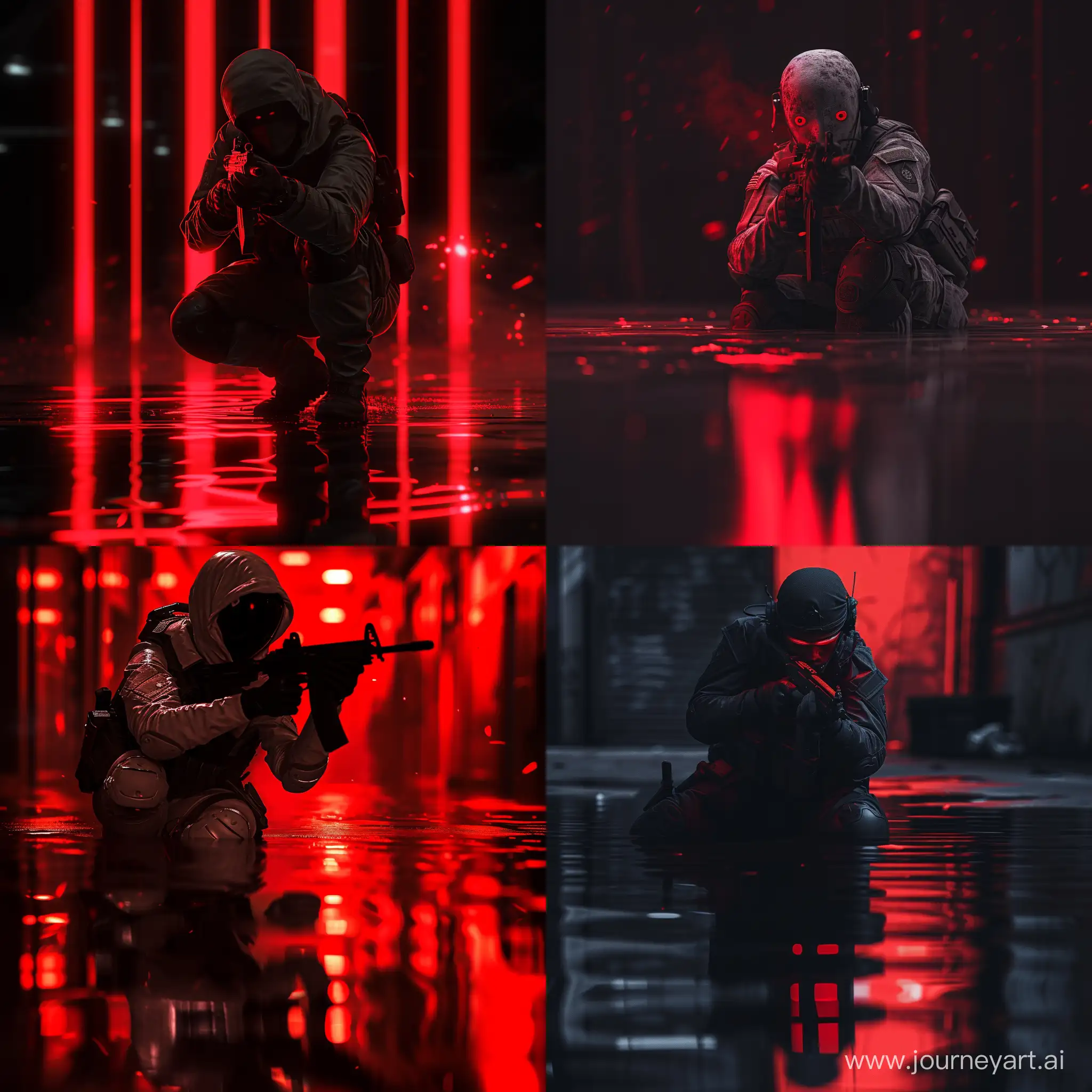 Call of Duty Character: Ghost With a gun in hand in the middle of Dark Place, Red Light Reflection, Cinematic Pose, Medium Shot, Affinity Designer Software, High Precision--v 6