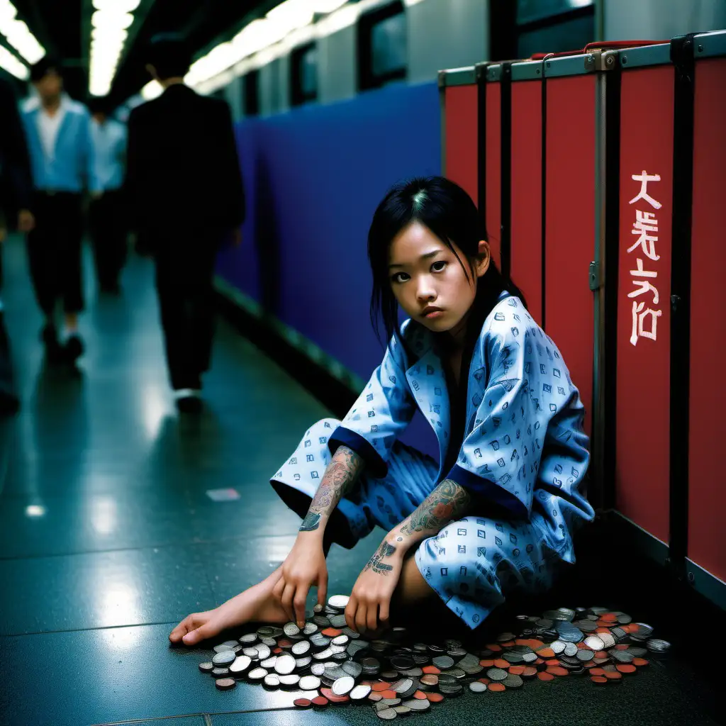 At night A handsome looking asian 7 year old girl. and junkie look. and many tattoos in a busy, and very dirty Tokyo train station at night light with Neon lights, bLUE AND RED. He is sitting on flat cardboard boxes that lay on the floor. He's begging for change, or looks like he's selling something. one cardboard box is full of coins. with some coins in a cup. and loads of coins Dressed in a full real Louis Vuitton pyjamas. same top pattern as the bottom part. We must see the logo on the clothes.
it should look like a film by "Quentin tARANTINO". but a very dirty look, dirty station.
It should have a soft look, with grain from the film. shot on a vintage camera with canon FD lenses.
Leave extra floor space at the bottom. Leave some room on the right side for me to add a slogan.