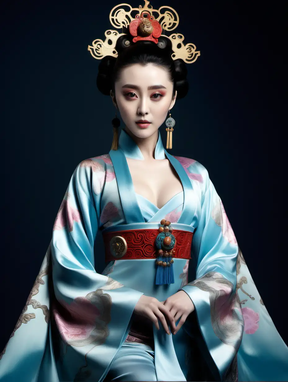 fan bingbing, mixture of traditional maximalist beauty, young empress of China, Wu Zetian, ephemeral, with confident face. Huang Tingjian, flirting eyes ,Mysterious ,full body view ,front view.
