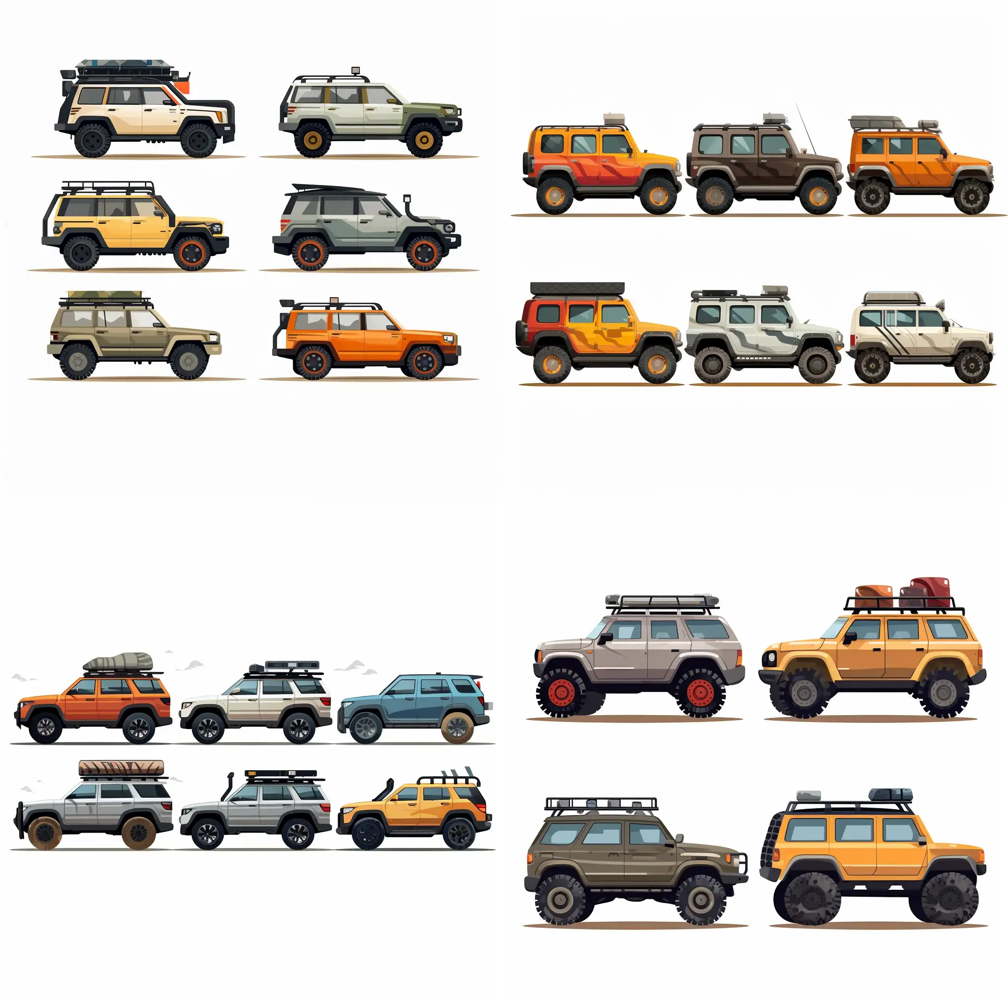 6 off road ready cars icons from side with very big tiers, futuristic cars, 2d flat colors, white background
