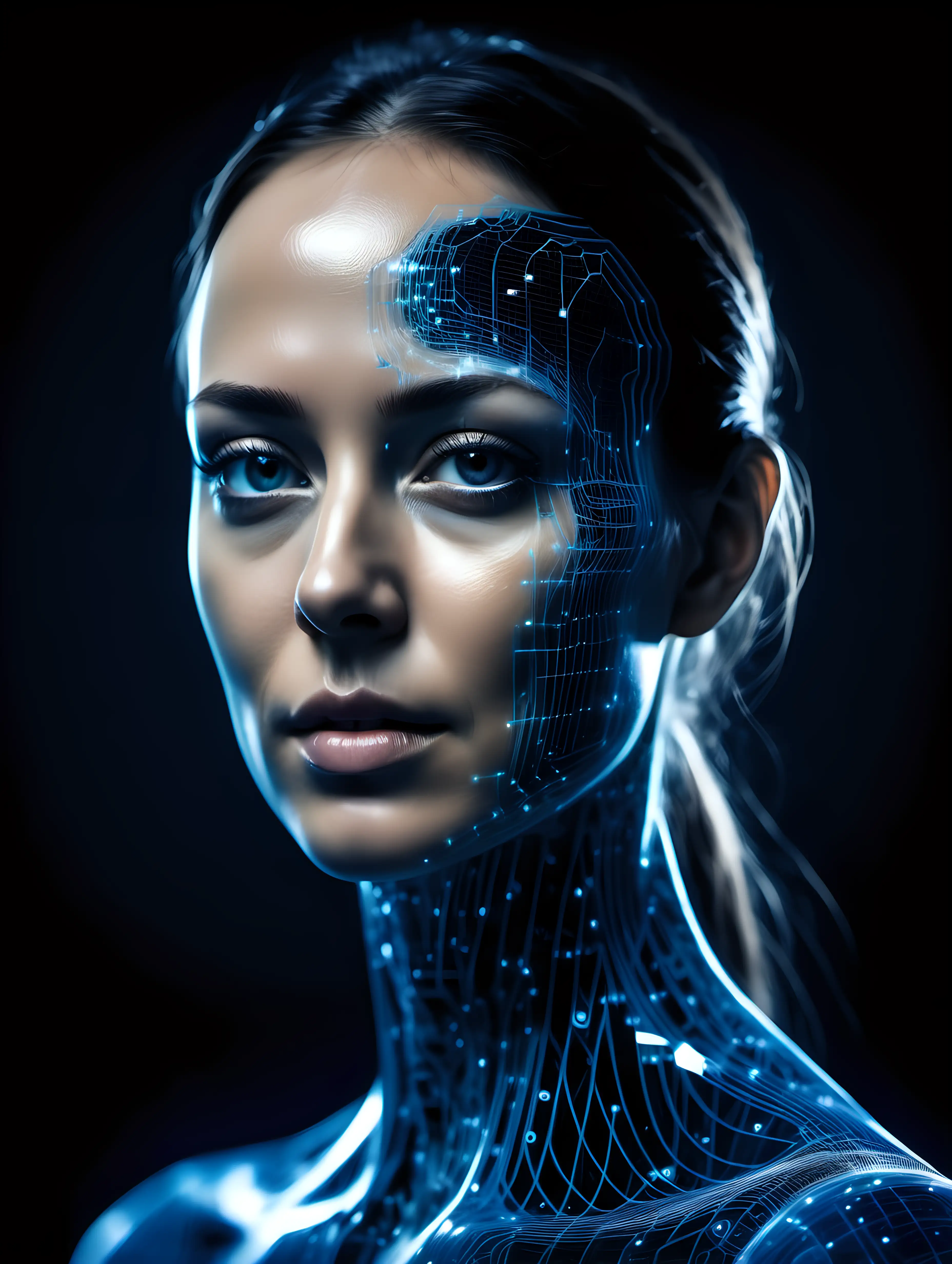 Futuristic HumanRobot Hybrid Portrait with Neural Network Waves