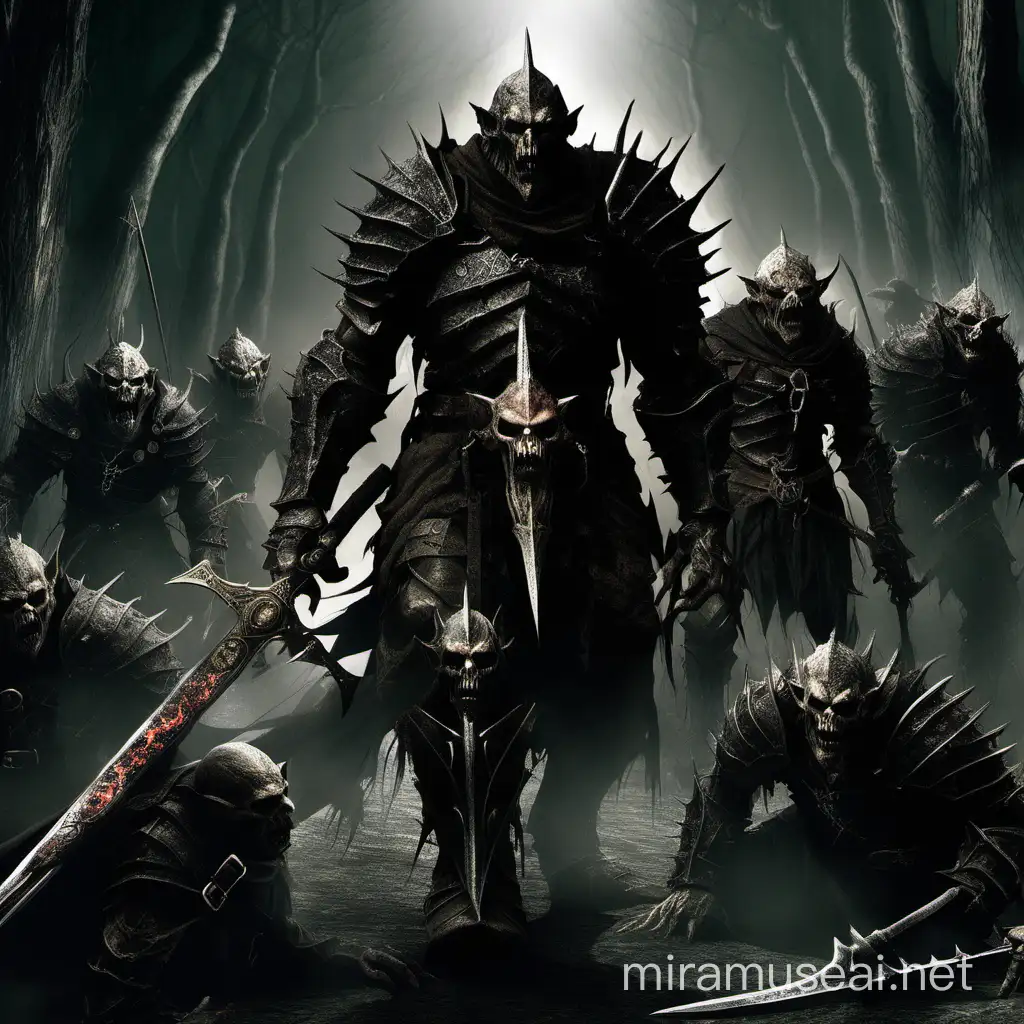 Dark souls style. With dark and pale colors like in the lord of the rings films. Walking in the dark is a Metamorph, also known as Sao'Cyants. Created by corrupted agents of entropy these abominable creatures are a fusion of various biological elements. Wearing dark armor and spiky polearm. Remeniscant of trollocs in Wheel of Time. Orcs of Lord of the Rings. and demons in ancient folklore and the doom series.