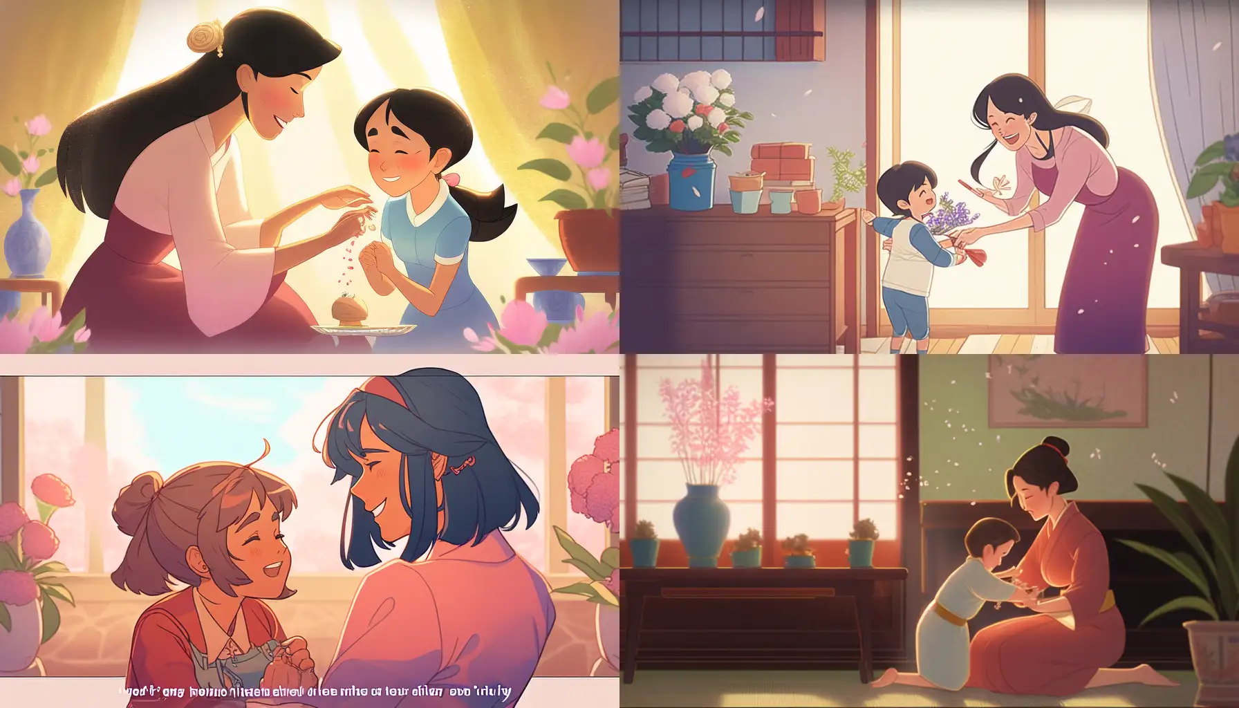 These prompts are designed to inspire illustrations that celebrate the warmth and love shared between a ASIA mother and daughter, with a balanced use of space to create a calm and focused image for Mother's Day --ar 16:9