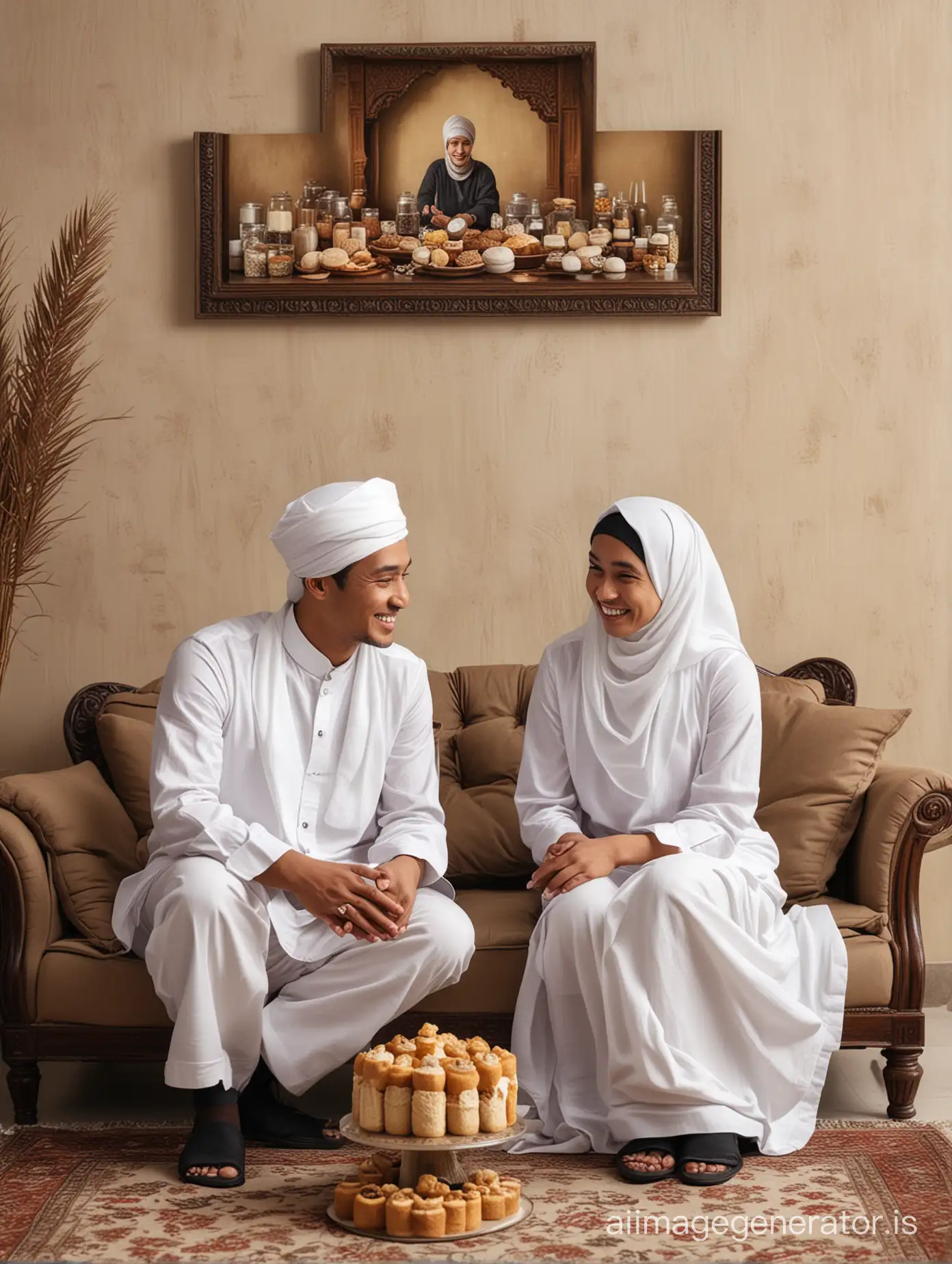 Very realistic photo, photo of an Indonesian family, an Indonesian man wearing a white Koko shirt and black skullcap, a woman wearing a large hijab and loose clothes, sitting together on a beautiful sofa, and in front of her there are lots of dry cakes in jars. and a girl wearing a hijab aged 3 years, while each of them gives a greeting with both hands held together in a typical Hindu greeting, smiling, the background in the living room with a luxurious wall as a backdrop, Realistic photo
