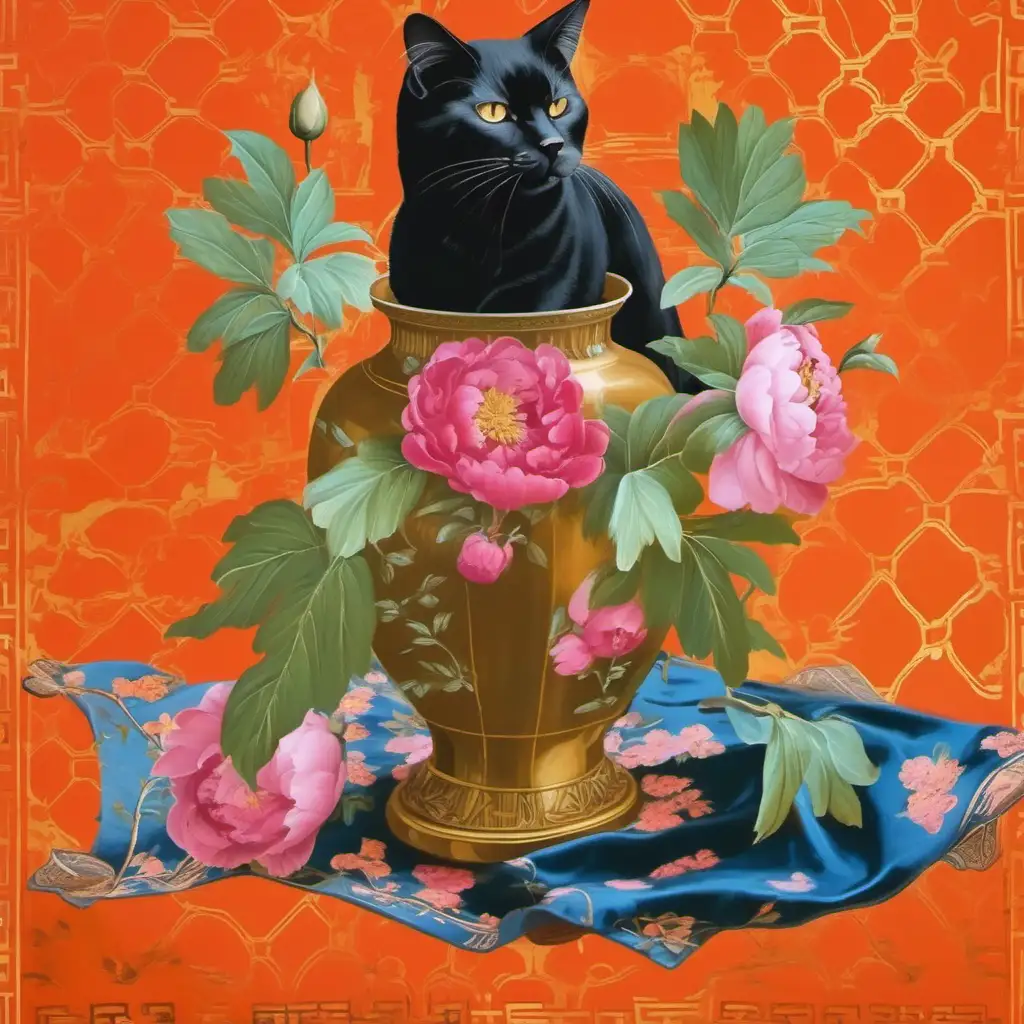 Black cat with orange velvet coat, Gold chinoiserie wallpaper, pink peonies on a chinoiserie vase on a table, chinoiserie rug with roses
