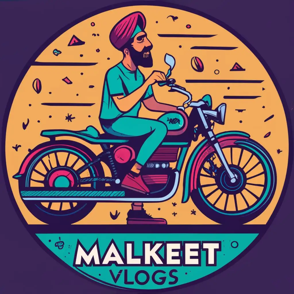logo, a sikh guy on a motorcycle, with the text "Vlogs by Malkeet", typography