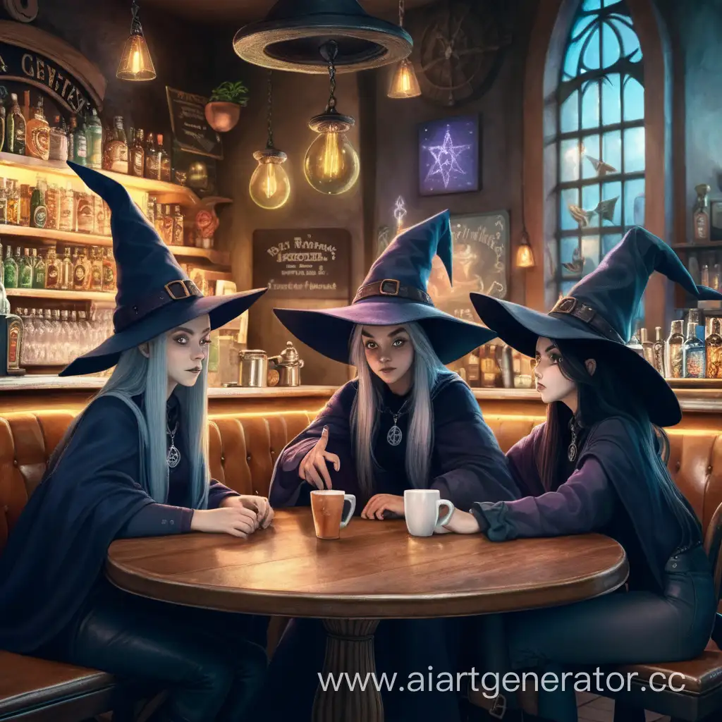 Три юные  ведьмы сидят за столиком в кафе, где бармен волшебник
