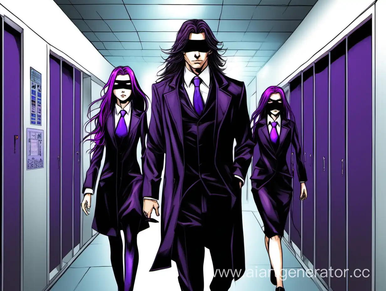 Blindfolded-Young-Man-Escorting-Twin-Girls-in-Business-Suits-through-Laboratory-Corridor