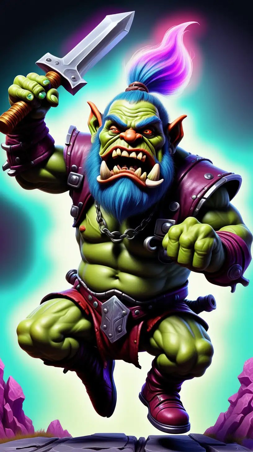a dwarf biker orc in a fighting pose jumping magical weapon, make the background vibrate Make it psychedelic pop .  this design need to fit into  playing card 
