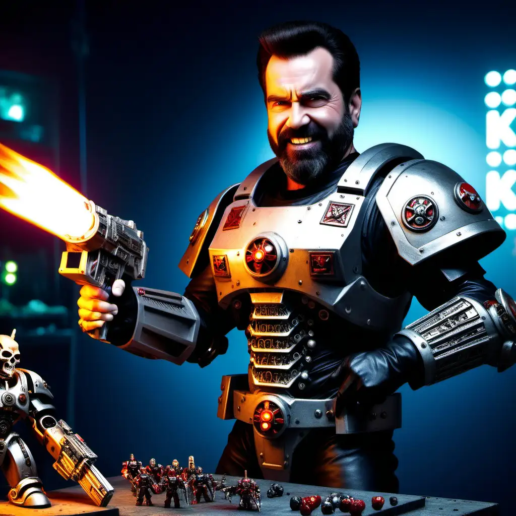 billy mays in warhammer 40k terminator armor, pitching his new product in a nightclub