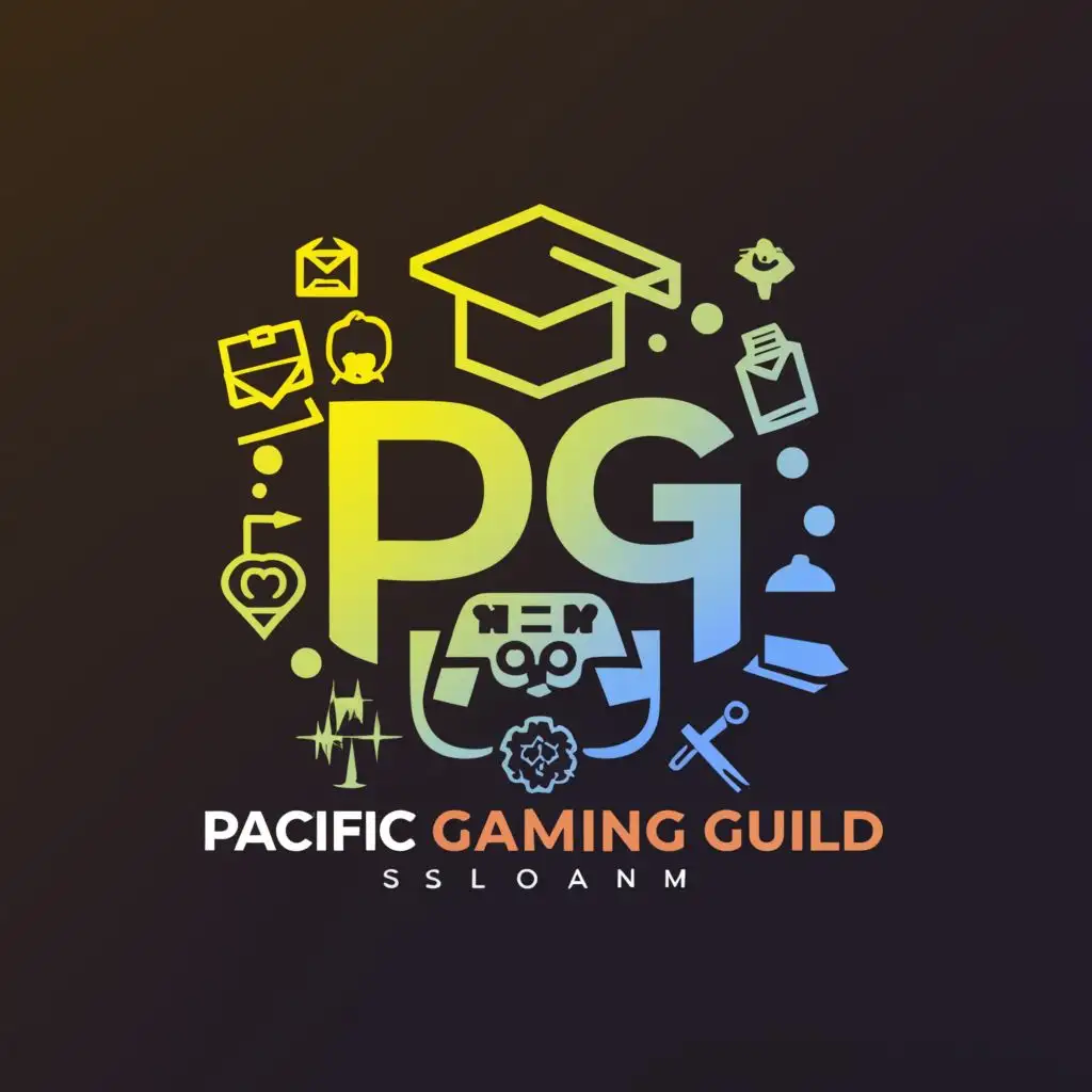 "PACIFIC GAMING GUILD", main symbol: The logo features the acronym "PGG" stylized in a modern and dynamic font. Surrounding the acronym are icons representing different aspects of the guild: a game controller for gamers, a graduation cap for scholars, a line graph for investors, a trading chart for traders, and a briefcase for managers. In the background, there's a futuristic web-like pattern symbolizing the Web3 space. This design encapsulates the diverse interests and goals of the guild, emphasizing its mission to educate, provide insights, and unlock opportunities in the cryptocurrency world.,complex,be used in Internet industry,clear background