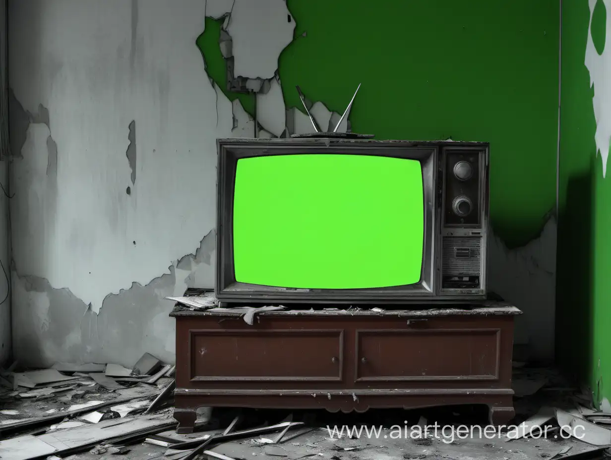 An abandoned house. Old worn-out furniture. An old TV with a green screen. Windows with green glass. The walls and furniture are gloomy and gray. Green only: the TV screen and the glass in the windows!
