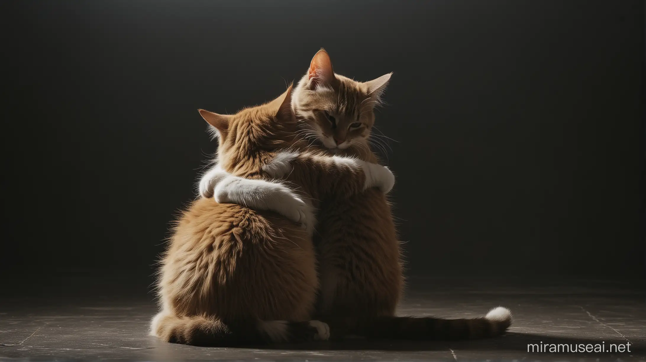 cats hugging facing backwards in a dark room