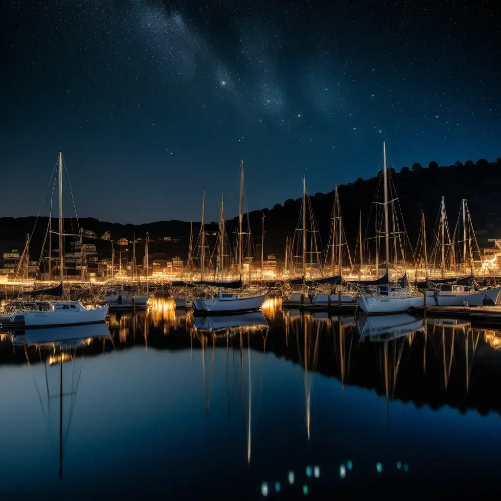 A serene harbor at night, with twinkling stars overhead and reflections shimmering on the calm water. The distant silhouette of boats adds to the tranquil ambiance, shot with Sony Alpha a9 II and Sony FE 200-600mm f/5.6-6.3 G OSS lens, natural light, hyper-realistic photograph, ultra detailed.