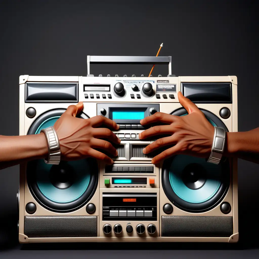 A pair of African American hands on each side of a boombox
