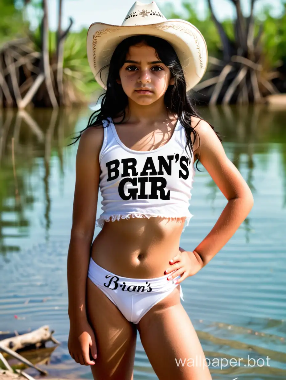 14 year old Mexican girl black hair black eyes in a cowboy hat wearing a white tank top that says " Brian's girl " and wearing a black bikini bottom standing by a lake 